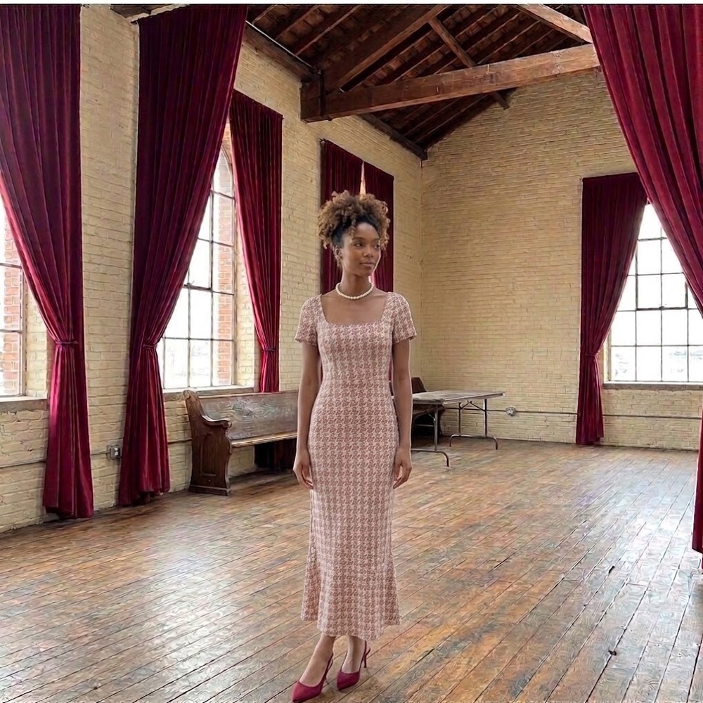 Fashion Nova Burgundy Floral Knit Midi Dress with Cream Base